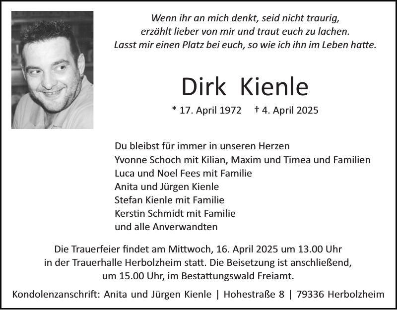 Traueranzeige Dirk Kienle